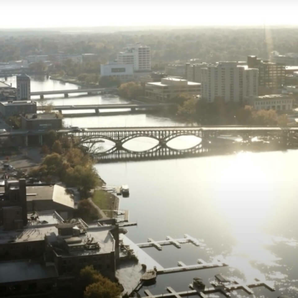 Aerial shot of Rockford, IL waterfront.