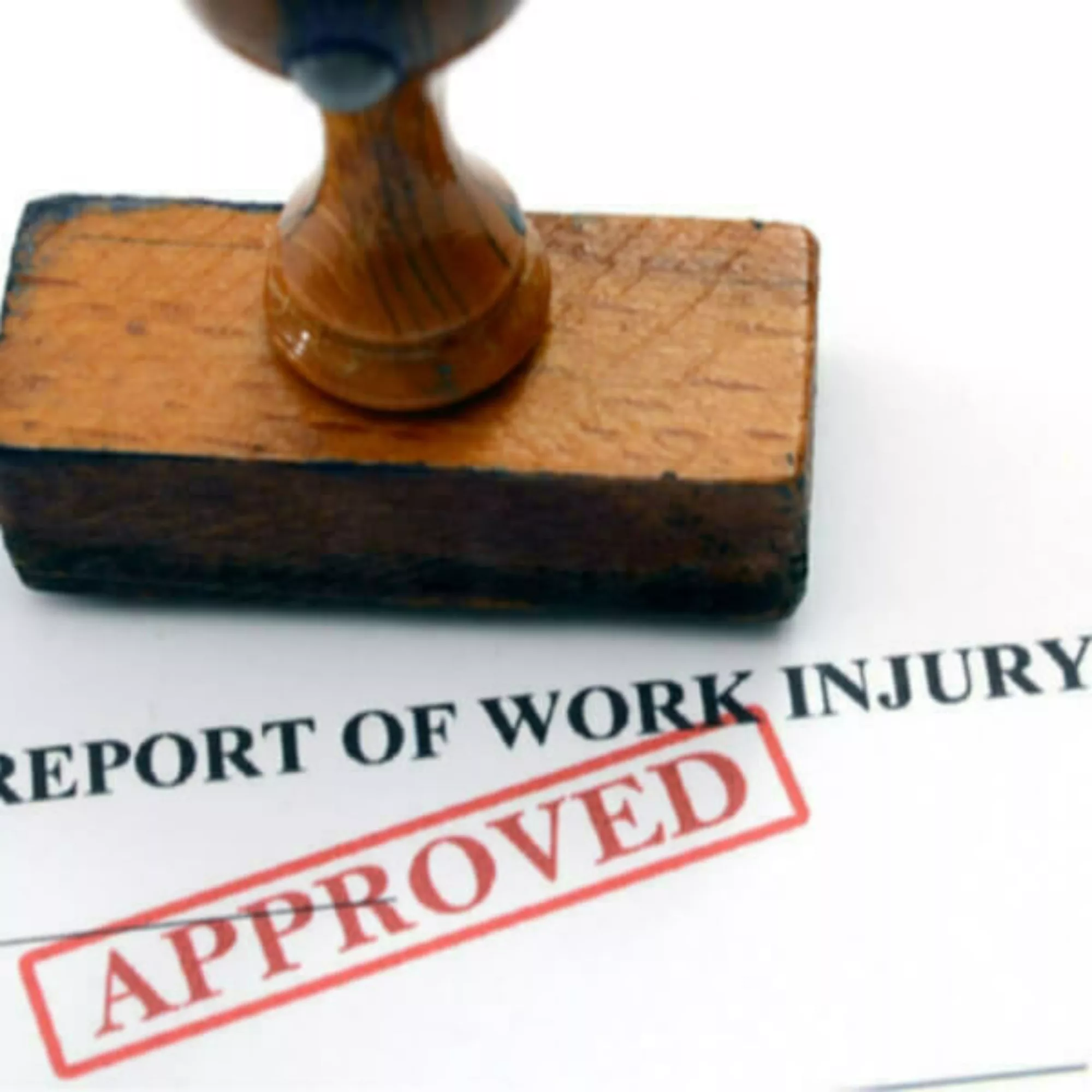 "Report of work injury" for with red "APPROVED" stamp.