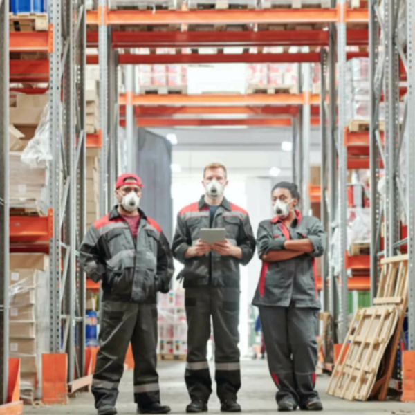 Three warehouse workers in masks looking into the camera.